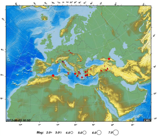 Carte des séismes en Méditerranée, le 03/06/2012 à 16H50 (Paris) (PH/EMSC)