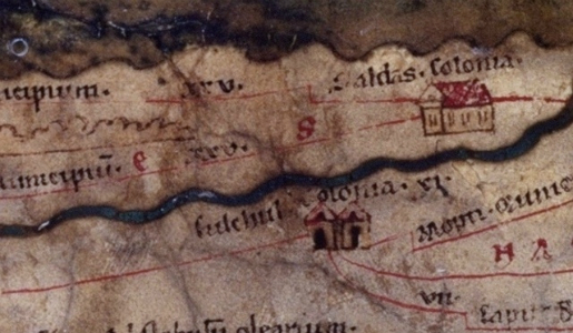 Vgayet (Saldae, Saldas Colonia) sur la côte et Djemila (Cuicul, Culchul Colonia) au sud sur la Table de Peutinger datant de 1265 (ap. J.C) (PH/ONB BILDARCHIV WIEN)