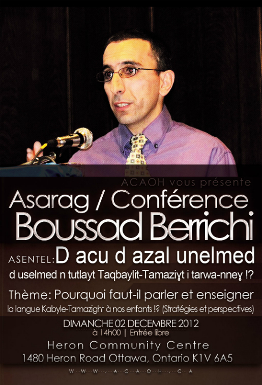 Langue kabyle-tamazight : conférence-débat avec Boussad Berrichi à Ottawa (ACAOH)