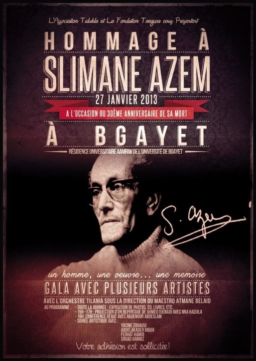 Affiche annonçant la commémoration de la trentième année de la disparition  de Slimane Azem à Bgayet. (PH/DR)