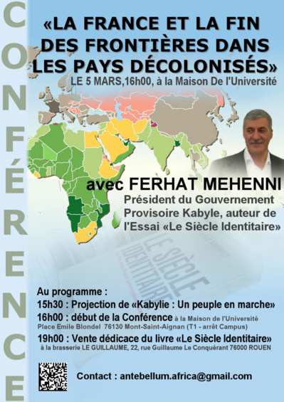 Conférence-débat de Ferhat Mehenni le 05 Mars à l'Université de Rouen