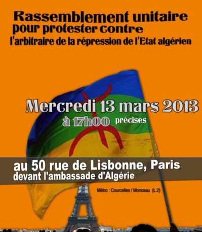 affiche du collectif appelant au rassemblement de mercredi devant l'ambassade d'Algérie