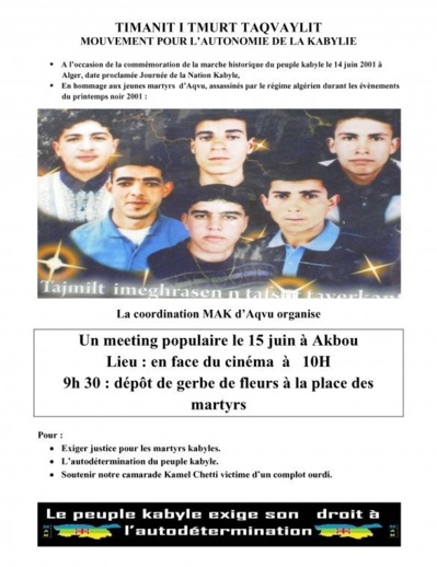 Affiche de la coordination d'AKBOU du MAK appelant au meeting du 15 juin.(PH/DR)