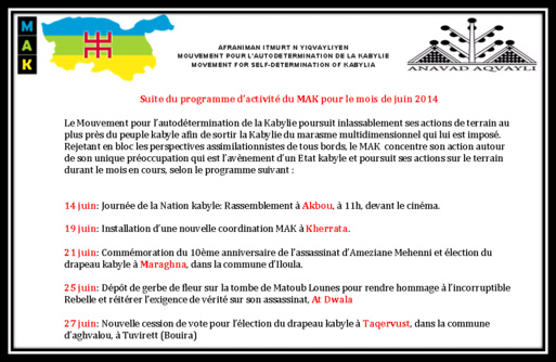 Programme d’activité du MAK : Le Mouvement kabyle poursuit inlassablement ses actions de terrain pour l’avènement d’un Etat kabyle