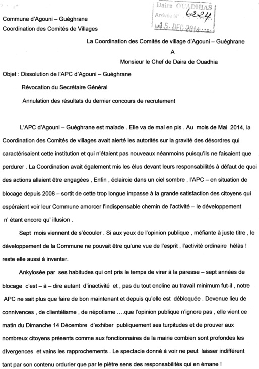 La coordination inter-village d'Agouni Gueghrane exige la dissolution de l'Assemblée populaire communale ( Mairie) La coordination inter-village d'Agouni Gueghrane exige la dissolution de l'Assemblée populaire communale ( Mairie)