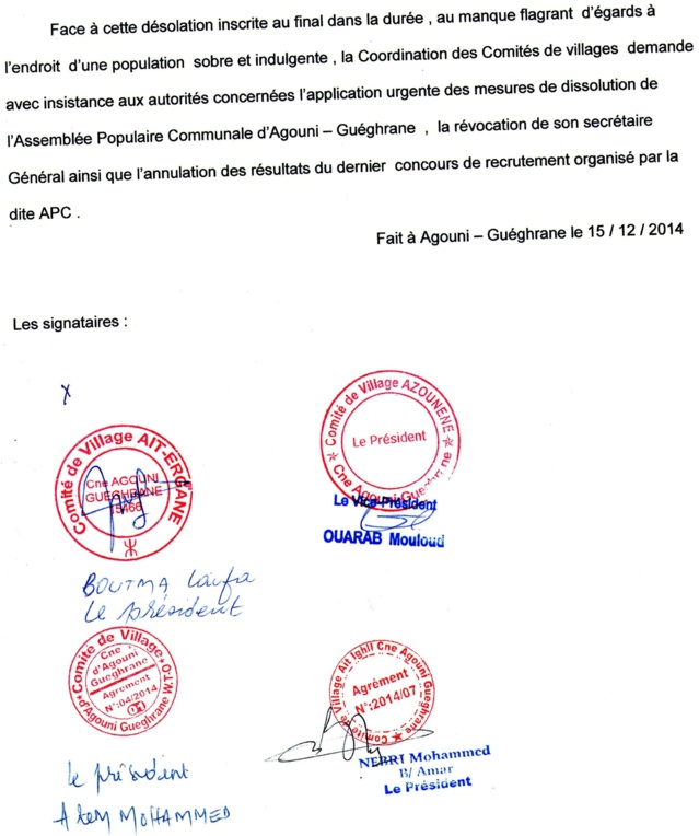 La coordination inter-village d'Agouni Gueghrane exige la dissolution de l'Assemblée populaire communale ( Mairie)