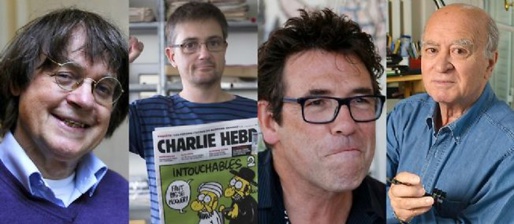 Les dessinateurs (de gauche à droite) Cabu, Charb, Tignous et Wolinski, tous décédés dans la fusillade de "Charlie Hebdo" ( PH/Le point.fr)