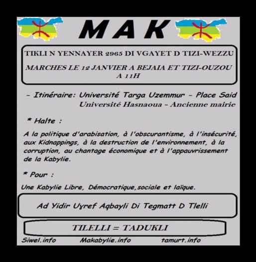 Yennayer 2965 / Le MAK appelle le peuple kabyle à marcher ce 12 Janvier à Tizi-Ouzou et Vgayet Yennayer 2965 / Le MAK appelle le peuple kabyle à marcher ce 12 Janvier à Tizi-Ouzou et Vgayet