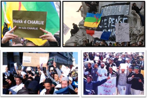 En haut les manifestations du 11 janvier à Paris où les kabyles ont participé à la protestation mondiale contre la barbarie des terroristes islamistes qui ont décimé la rédaction de Charlie Hebdo, dont un kabyle : Mustapha Ourrad / En bas : le déferlement de la haine islamiste à ALGER