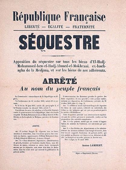 Archives nationales ( Françaises) d'Outremer _ Affiche administrative (1871). Mise sous séquestre des biens de Mokrani (PH/DR)