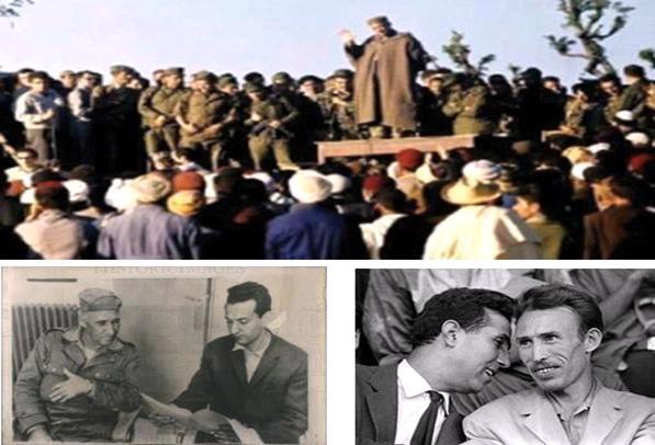 En haut : meeting du colonel Oulhadj en 1963 (Kabylie). En bas : les maquisards kabyle H. Ait-Ahmed avec le Colonel Oulhadj  par oppositions aux complotistes panarabistes de l’extérieur, Boumediene et Benbella (PH/DR)
