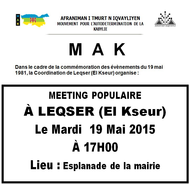 Commémoration des événements de mai 1981: Le MAK anime un meeting populaire le 19 mai  à Leqser (El kseur)