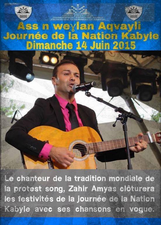 14 juin au Trocadéro, le chanteur engagé Zahir Amyas, clôturera la Journée de la Nation Kabyle