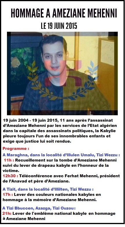 Hommage à Ameziane Mehenni le 19 juin à Maraghna, Tizit et Tizi Bbuccen
