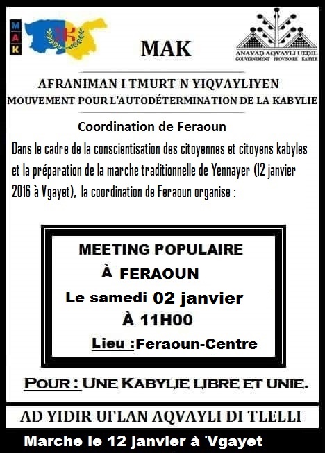 Préparation de la Marche de Yennayer 2966 : Le MAK anime demain un meeting populaire à Feraoun