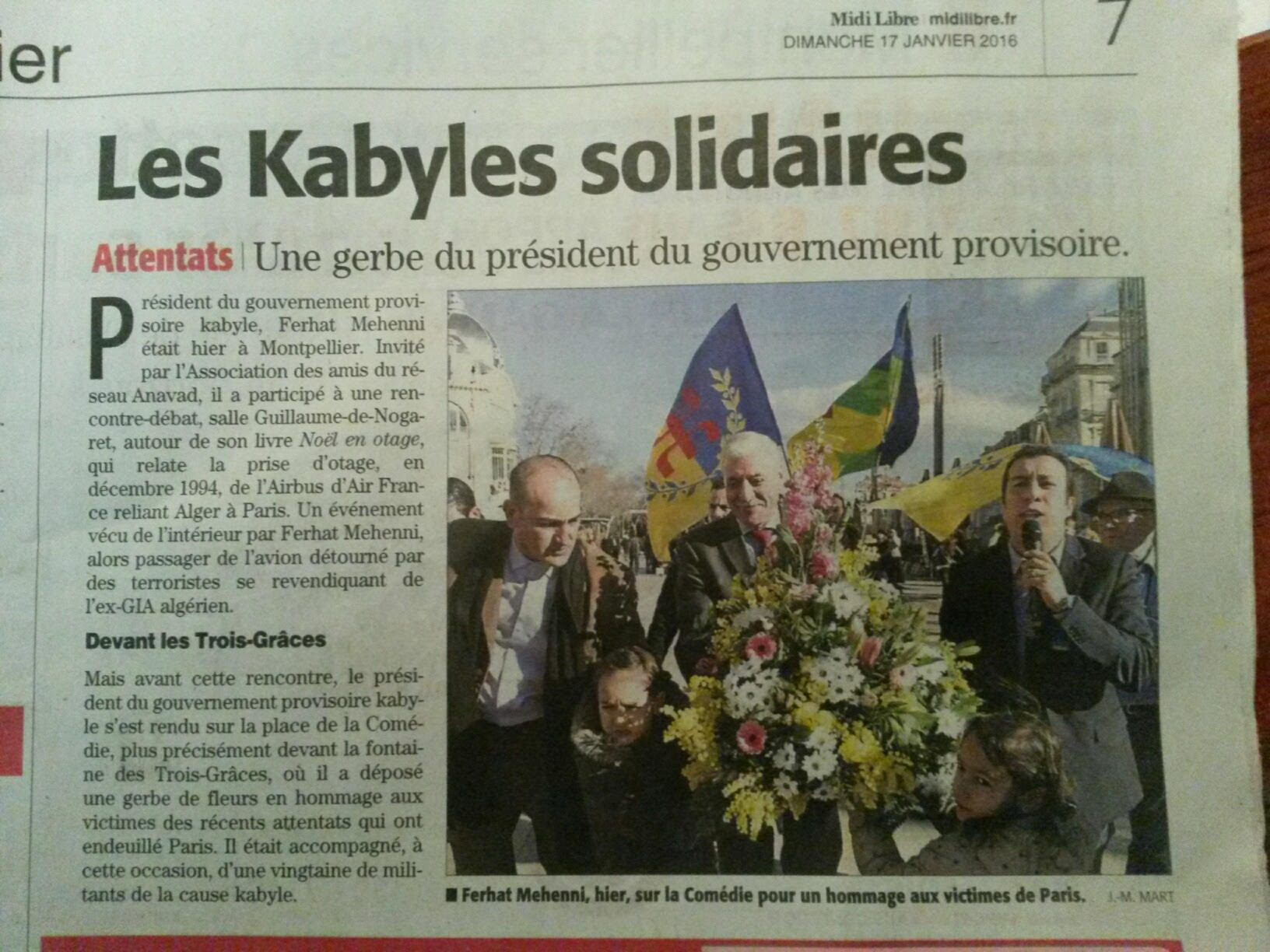 Le quotidien régional du Languedoc-Roussillon, "Le Midi libre" titre: les kabyles solidaires !