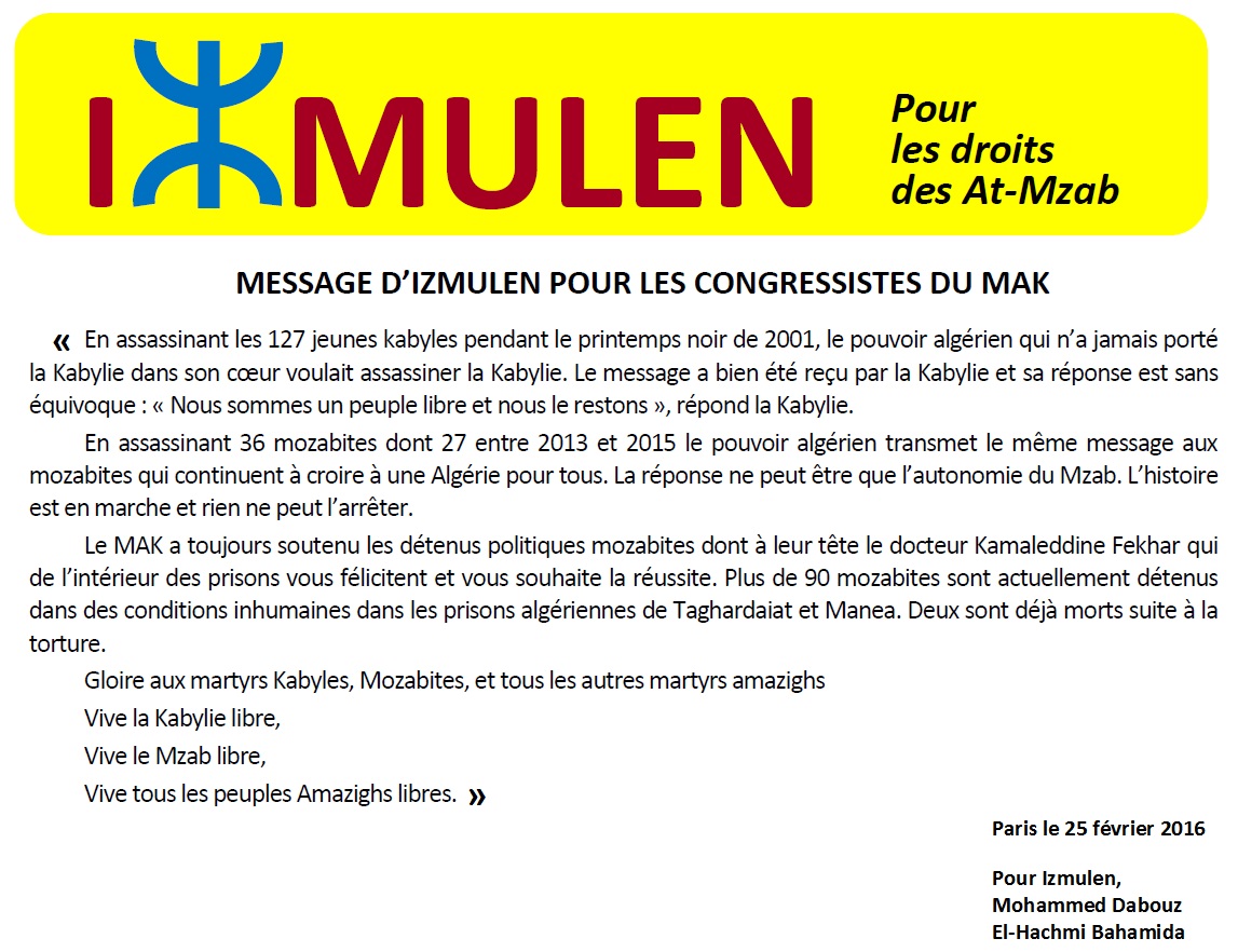 Mzab : Message d'Izmulen pour les congressistes du MAK