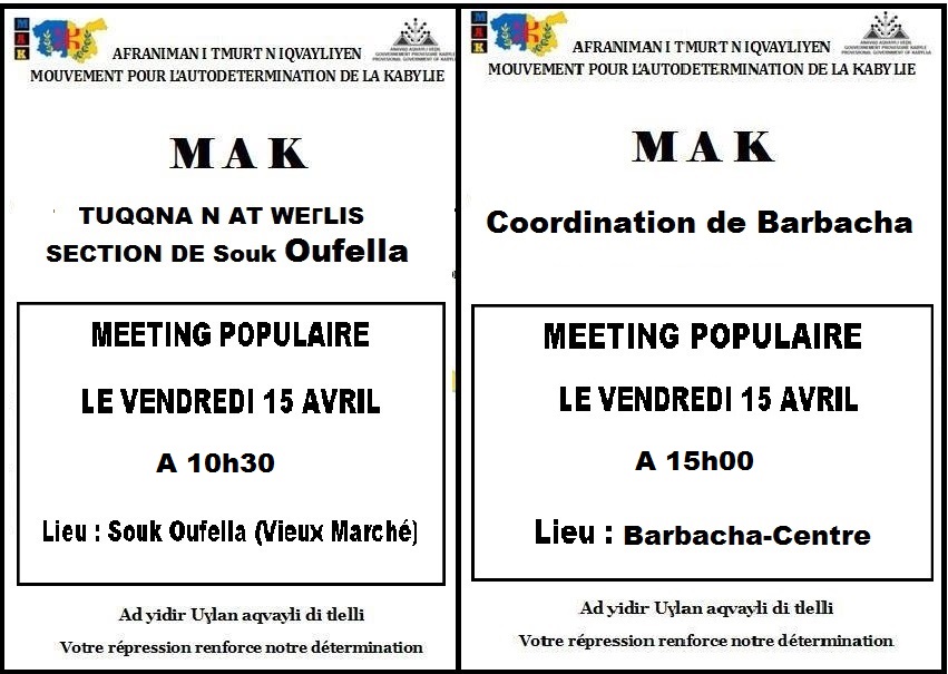 Le MAK organise deux meetings populaires ce vendredi  à Ssuq Ufella (10h30) et Ibarbacen (15h)