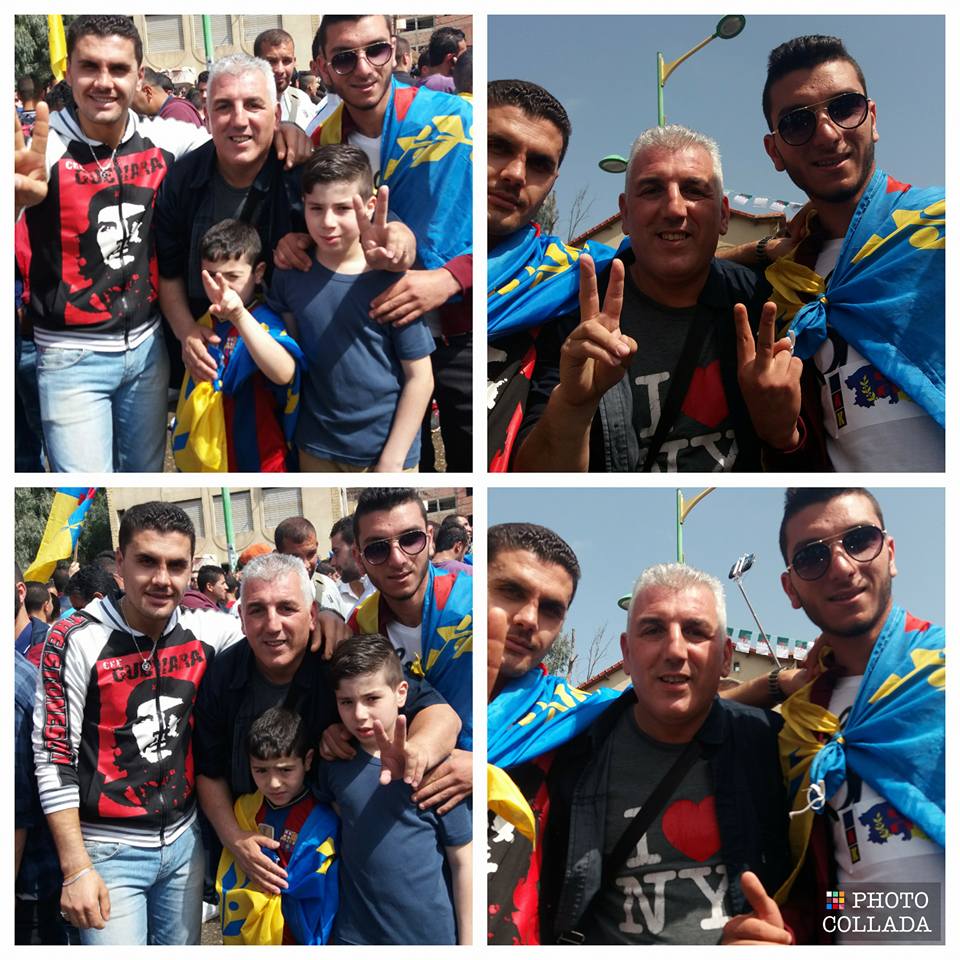 Yanis Hadim, le premier à gauche avec les lunettes de soleil et le drapeau kabyle sur les épaules, lors de la grandiose marche organisé par le MAK, le 20 avril 2016.