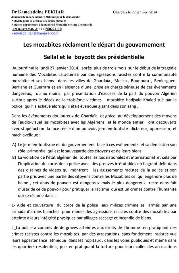 Les mozabites réclament le départ du gouvernement  Sellal et le boycott des présidentielles
