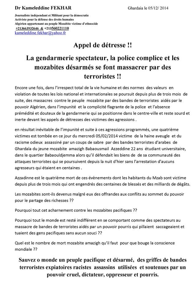 Dr. Kameleddine Fekhar : " Appel de détresse !!! La gendarmerie spectateur, la police complice et les mozabites désarmés se font massacrer par des terroristes " !!