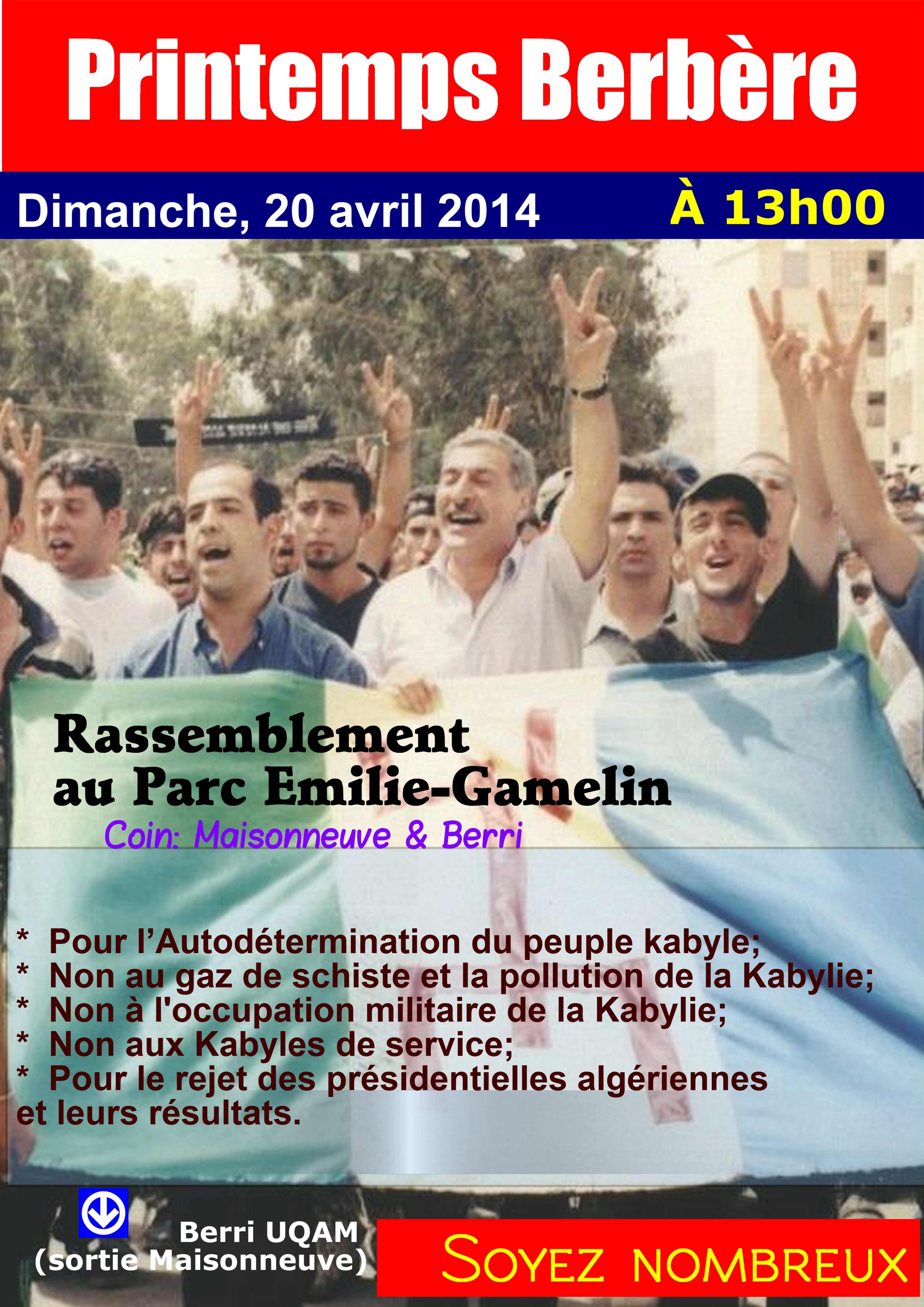 Printemps berbère au Canada: Rassemblement le 20 avril à 13h au Parc Emilie-Gamelin