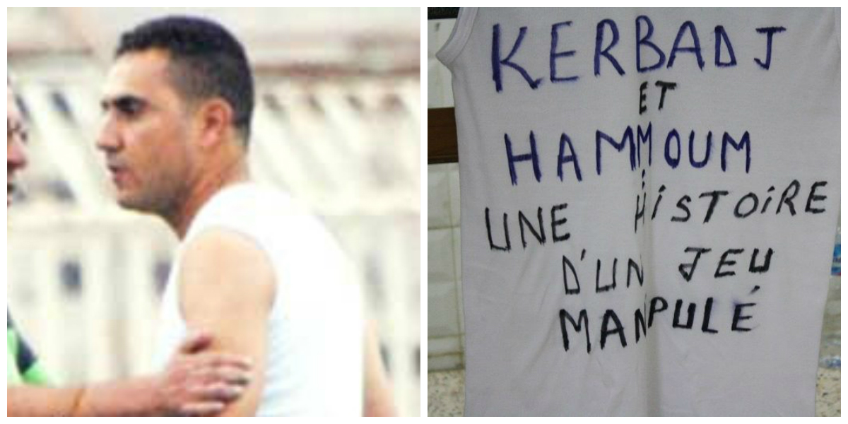 Le linesman Amine Bitam avec son tee-shirt accusant Mahfoud Kerbadj et Khelil Hammoum (PH/DR)