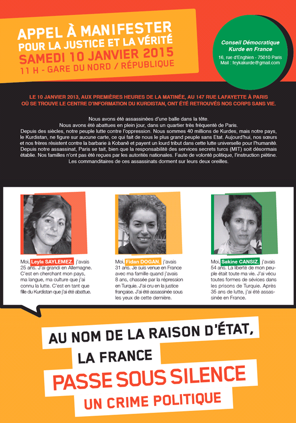 9 et 10 janvier / Marches pour Sakine, Fidan et Leyla : 3 militantes kurdes exécutées à Paris...en toute impunité