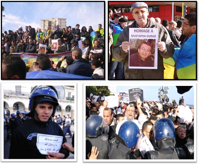 En haut/ Kabylie: les manifestations du 12 janvier 2015 pour Yennayer 2965 : Hommage à Mustapha Ourrad, assassiné par les hordes islamistes dans la rédaction de Charlie // En bas: Alger où la police tente de contenir la furie islamiste et où un policier algérien, dans l’exercice de ses fonction se laisse gagner par la fièvre anti-Charlie des islamistes algériens.