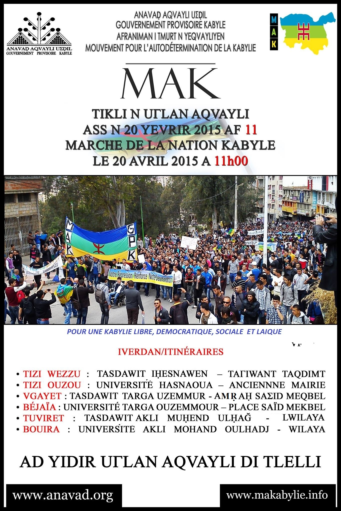 20 Avril: Marche de la Nation Kabyle à Vgayet, Tuviret et Tizi Wezzu