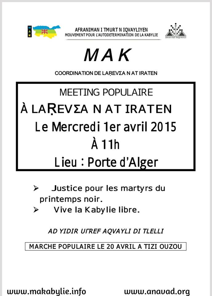 MAK/ meeting à Larevâa n At Iraten mercredi 1er  avril 2015 à 11h
