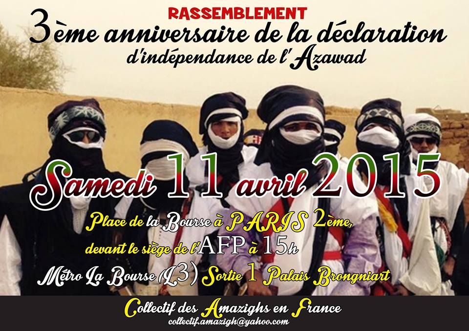 Le Collectif des Amazighs en France appelle à fêter avec le peuple de l'Azawad le troisième anniversaire de sa déclaration d'indépendance