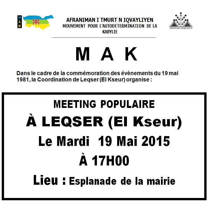Commémoration des événements de mai 1981: Le MAK anime un meeting populaire le 19 mai  à Leqser (El kseur)