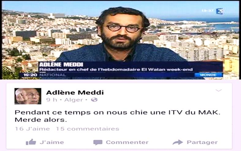 Adlène Meddi que l'on voit en haut lors d'un passage sur France 3 s'exprime avec une grand "liberté d'expression" et une indéniable grossièreté sur son compte Facebook comme en témoigne la capture d’écran en dessous (PH/DR)