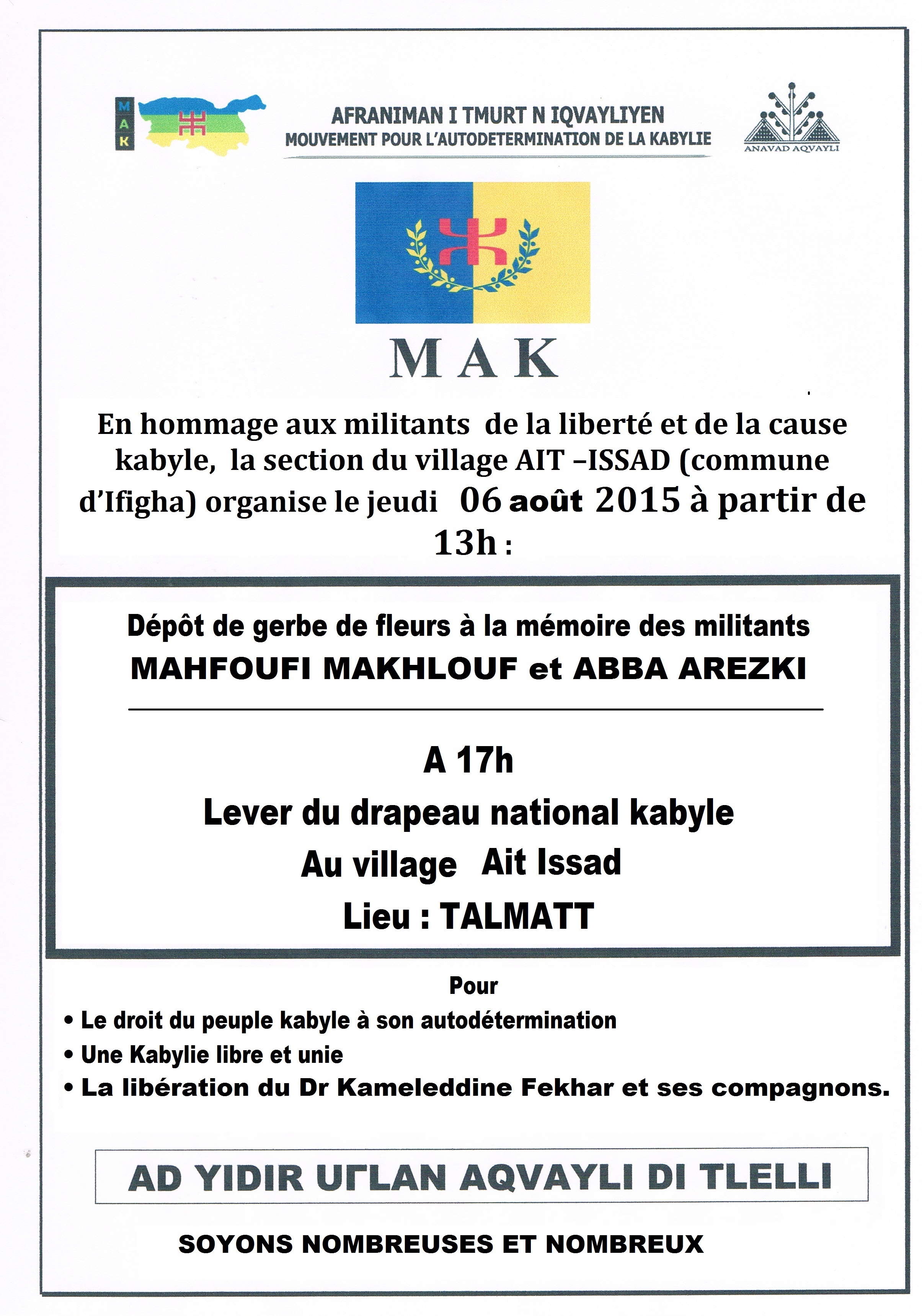 Ait Issad (Commune d'Ifigha): Lever du drapeau Kabyle le jeudi 06 août à 17h