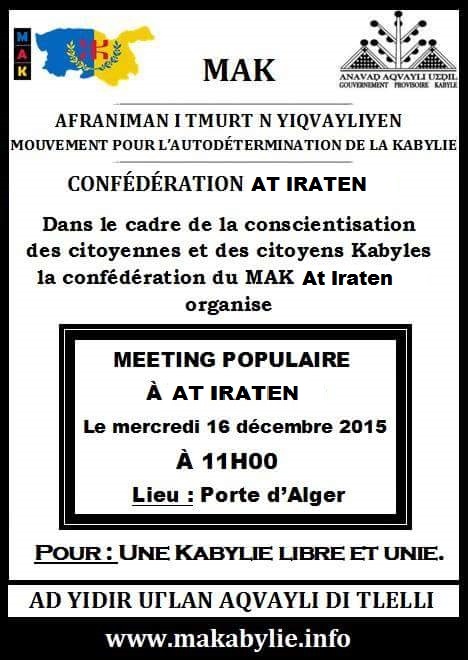 Le MAK anime un meeting populaire  à Larevâa n At Iraten le mercredi  16 décembre à 11h