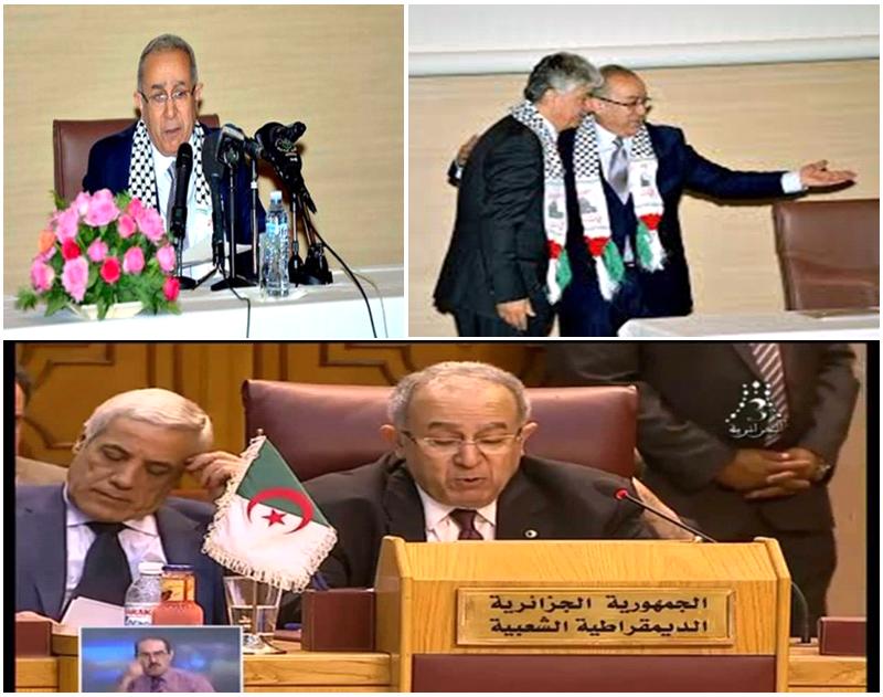 En haut : Ramtane Lamamra, lors de la célébration de la Journée internationale de solidarité avec le peuple palestinien. En bas, le ministre «d’origine kabyle» représentant l’Algérie lors d’une réunion d'urgence des ministres «arabes» des affaires étrangères sur la Palestine (PH/DR)