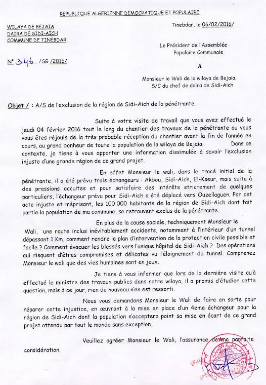 "100 000 habitants de la région de Sidi-Aich se retrouvent exclus de la pénétrante. " Le maire de Tinebdar proteste