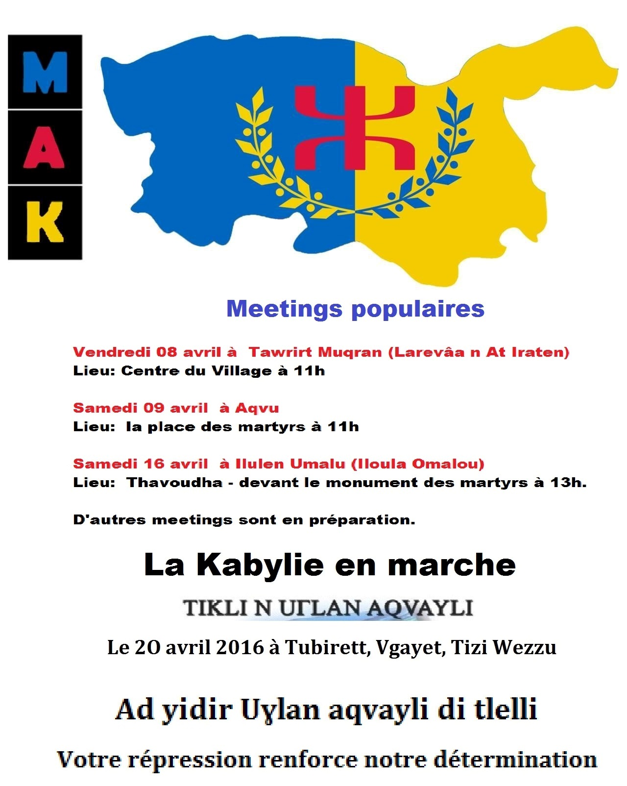 Préparation des marches du 20 Avril : Le MAK organise plusieurs meetings populaires