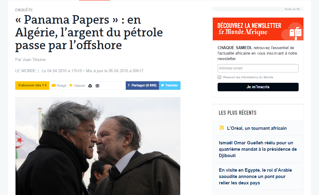 Un article du Monde du 04/04/2016 consacré à l'Algérie dans le cadre du scandale Panama Papers (PH/DR)
