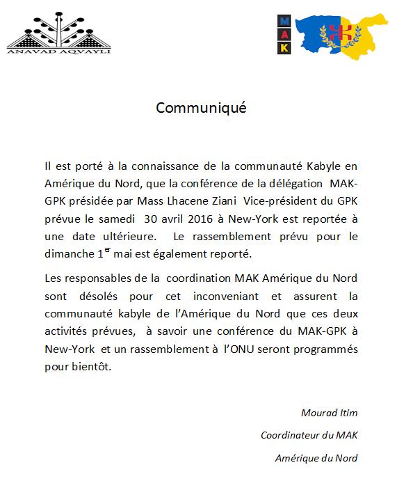 Report de la conférence et du rassemblement prévus le 30 avril et le 1er mai a New-York