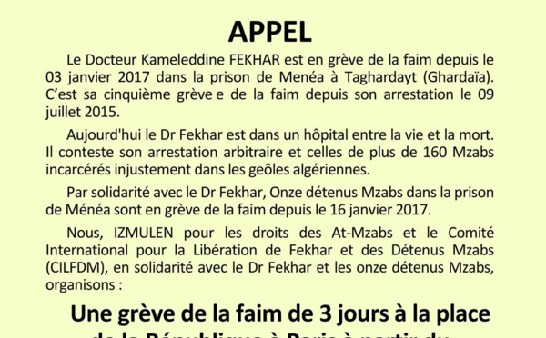 Grève de la faim de 3 jours à Paris en soutien à Kameleddine Fekhar à partir de ce vendredi