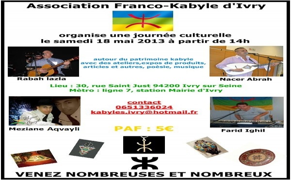 L'association Franco-Kabyle d'Ivry organise une journée culturelle le samedi 18 mai à 14h.