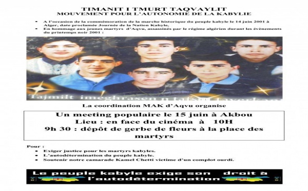 AKBOU: en hommage aux martyrs du printemps noir, meeting populaire de la coordination locale du MAK le 15 juin 