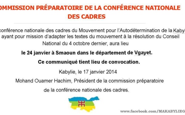 Communiqué du MAK: Commission préparatoire de la conférence nationale des cadres