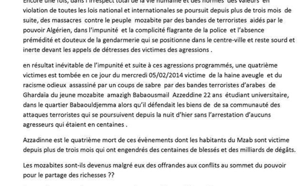 Dr. Kameleddine Fekhar : " Appel de détresse !!! La gendarmerie spectateur, la police complice et les mozabites désarmés se font massacrer par des terroristes " !!
