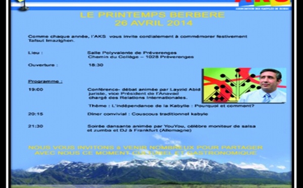 Conférence-débat le 26 avril avec  M. Lyazid Abid : « L’indépendance de la Kabylie : pourquoi et comment ?»