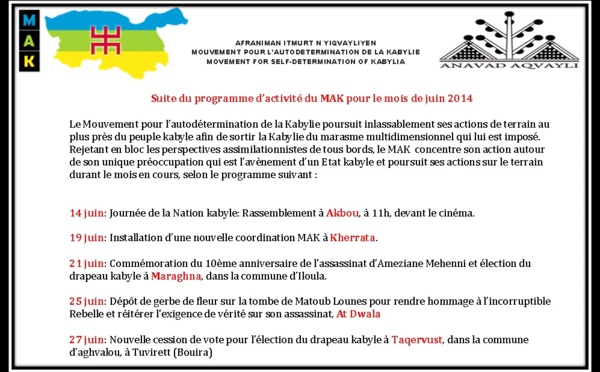 Programme d’activité du MAK : Le Mouvement kabyle poursuit inlassablement ses actions de terrain pour l’avènement d’un Etat kabyle