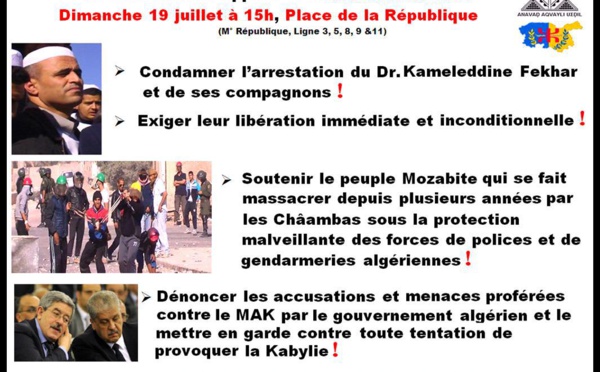 Réseau Anavad / Appel à un  rassemblement Dimanche 19 juillet à 15h, Place de la République pour exiger la libération de Kameleddine Fekhar et dénoncer les menaces proférées  contre le MAK