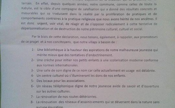 L’Association culturelle des jeunes d’Irmen dénonce les différentes tentatives d’implantation d’une école coranique dans le village. 